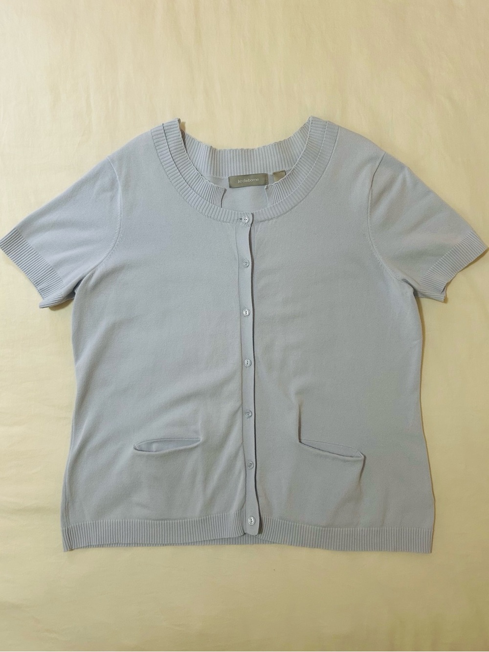 Vintage Liz Claiborne 1X Light Blue Short Sleeve Cotton Knit Cardigan 90s Y2K